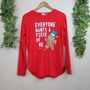 Gingerbread Man Christmas Red Green Holiday Long Sleeve Top Festive Size Small